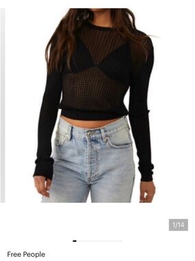 FREE PEOPLE H2O CREW PULLOVER GOLDEN STRETCH KNIT OPEN WEAVE BLACK EXTRA…